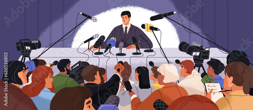 Press conference. Leader communicates with audience in meeting. Speaker reports news in microphone for journalist crowd. Spokesman with interview speech for mass media. Flat vector illustration