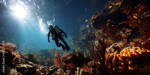 Diver exploring reef and underwater wildlife in ocean on vacation.Macro.AI Generative.