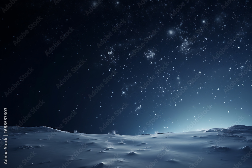 Winter background - sparkling falling snow against a dark blue sky and white snowdrifts.