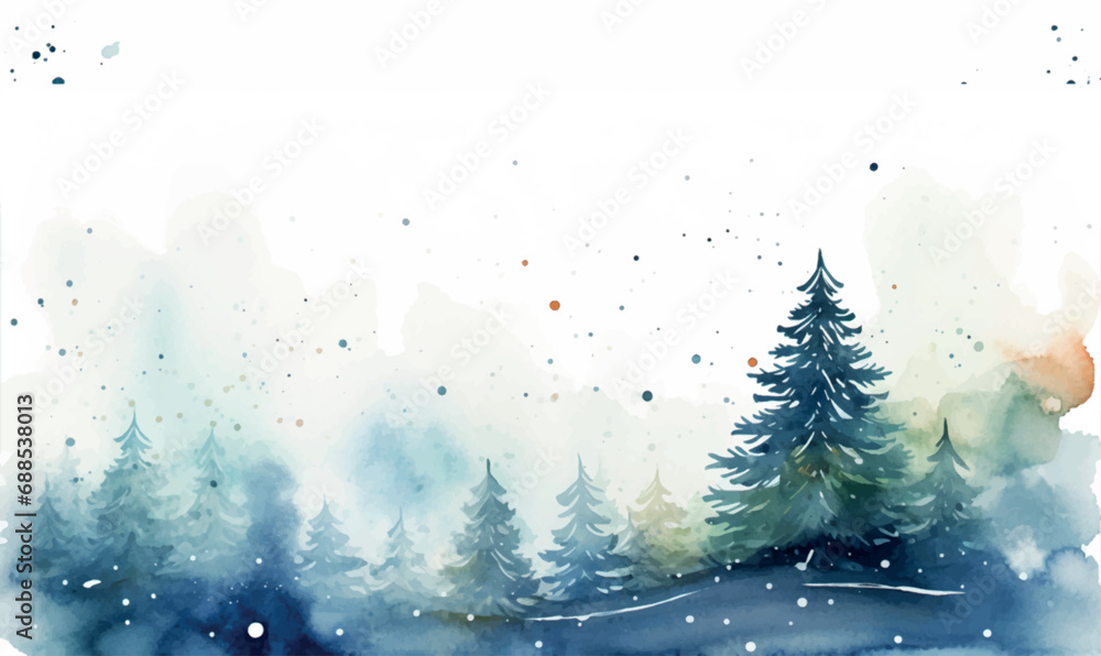 watercolor christmas tree with snow, background for design - obrazy, fototapety, plakaty 