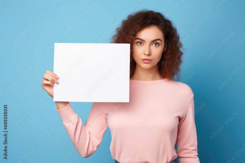 sad woman holding a blank placard sign poster paper in his hands sad woman holding a blank placard sign poster paper in his hands