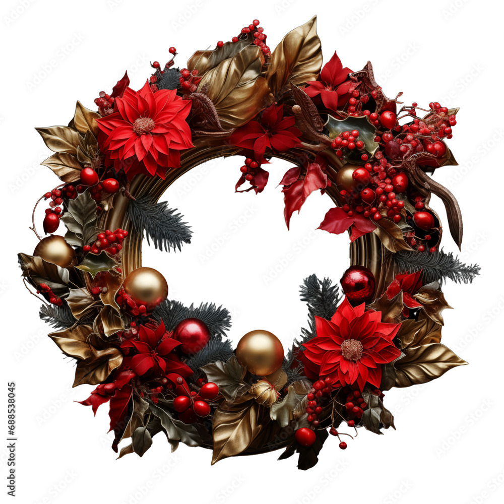 opulenter weihnachtlicher Kranz in rot und gold mit Blumen und goldenen Kugeln	
 - obrazy, fototapety, plakaty 