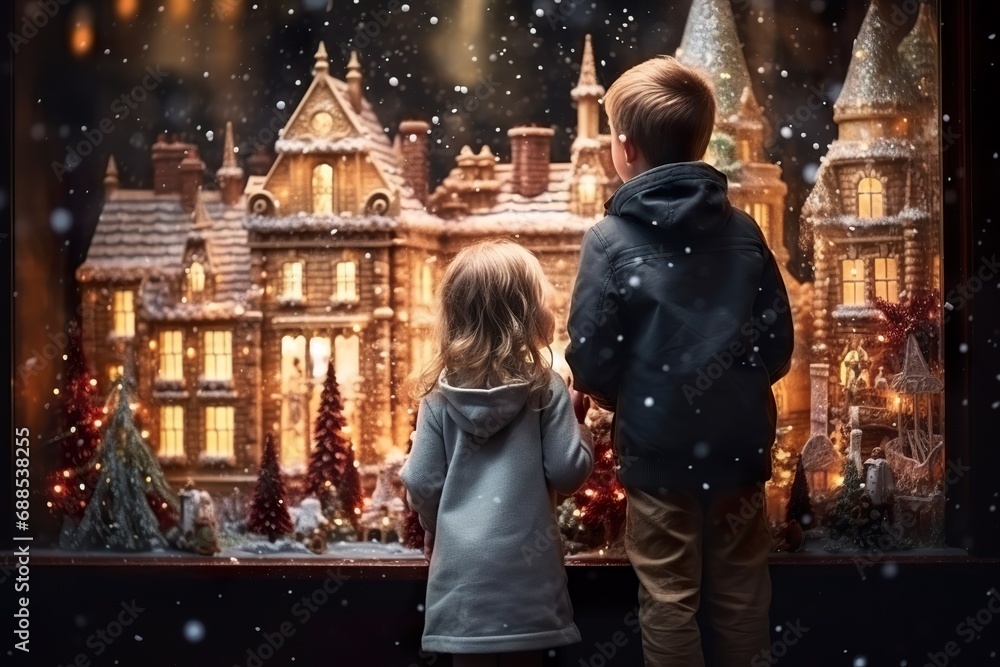 children looking a window of a christmas shop on christmas day