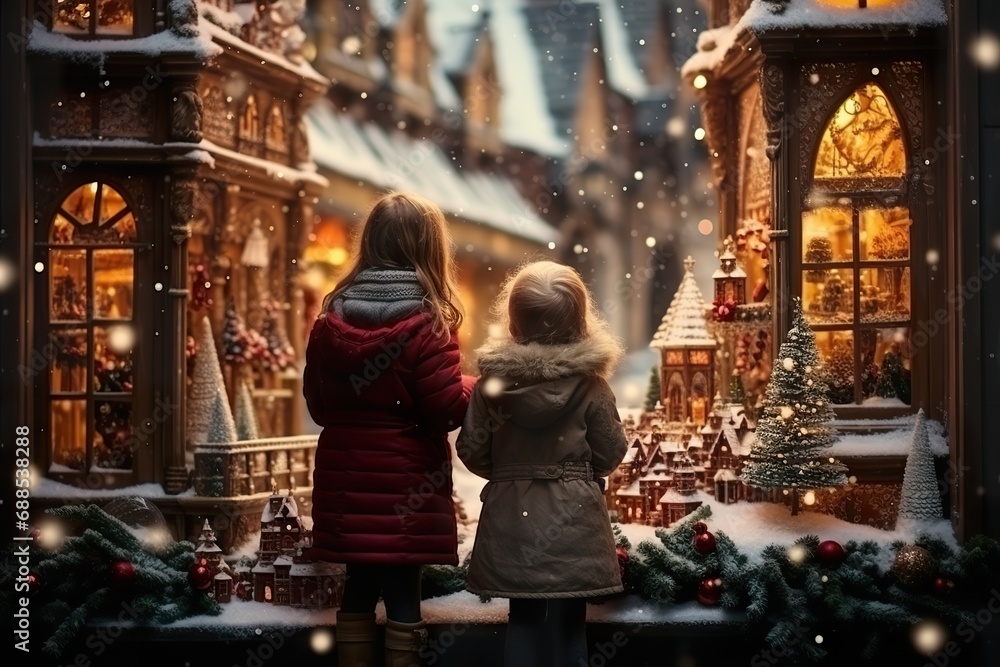 children looking a window of a christmas shop on christmas day