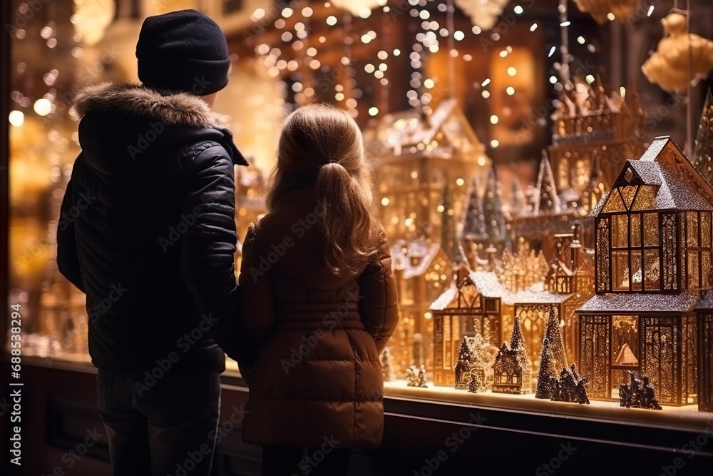 children looking a window of a christmas shop on christmas day children looking a window of a christmas shop on christmas day