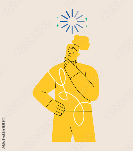 Concept of idea loading. Woman with download icon on his head. Colorful vector illustration