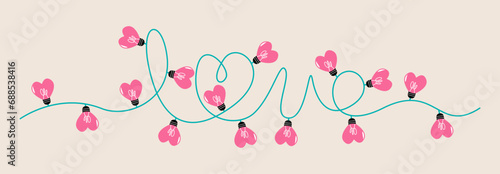 Happy Valentines Day. Heart Christmas light. Glowing lamp light bulb. Colorful vector illustration