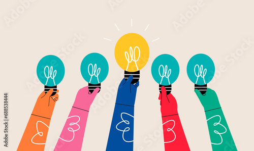 Light bulbs idea in hands. Inspiration with lamp symbol concept. Colorful vector illustration