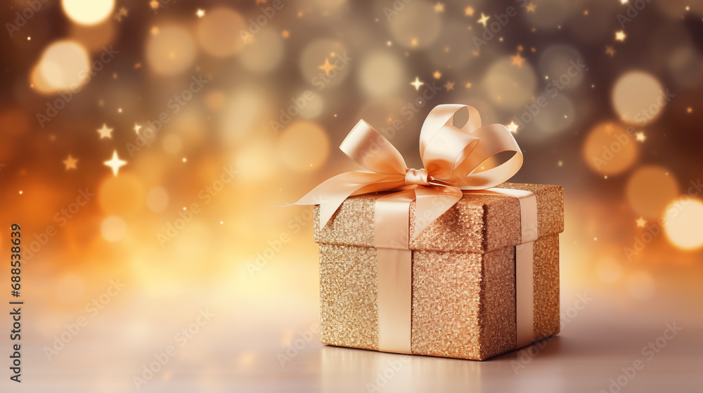 Christmas gift box and golden decorations on lights bokeh background, Happy New Year and Christmas Greeting Cards, Holidays background, generative ai Christmas gift box and golden decorations on lights bokeh background, Happy New Year and Christmas Greeting Cards, Holidays background, generative ai
