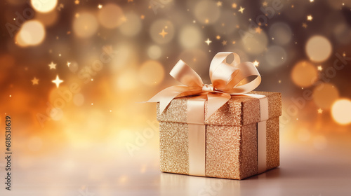 Christmas gift box and golden decorations on lights bokeh background, Happy New Year and Christmas Greeting Cards, Holidays background, generative ai © OP38Studio