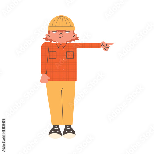 Offended boy stretch out his hand to the right and point index finger.