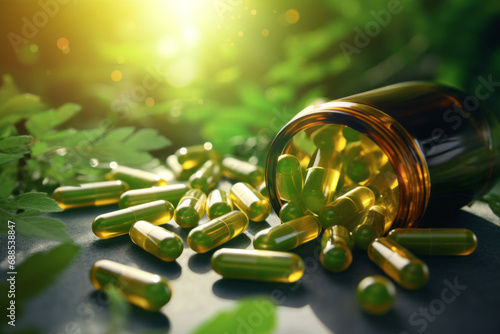 Closeup green herbal powder medicine capsules pills photo