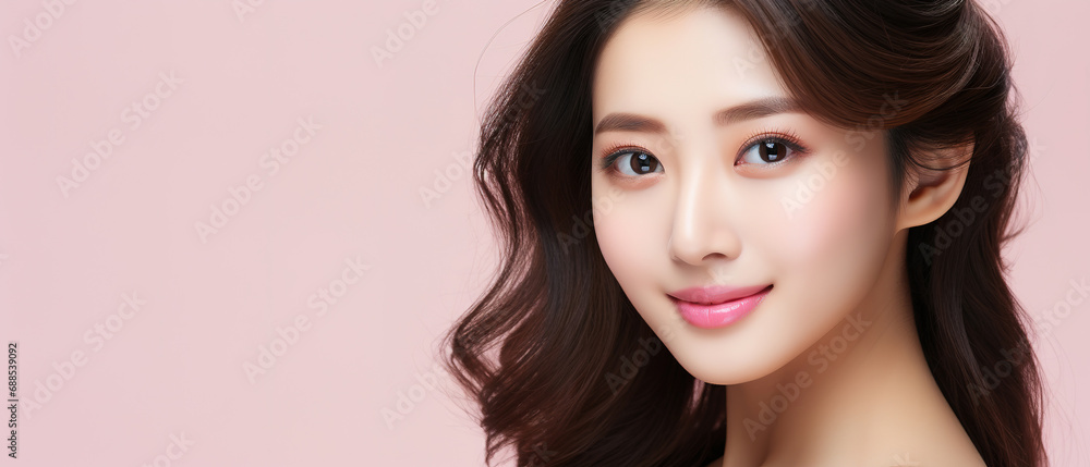 Studio shot of Beautiful Asian woman with clean fresh skin on pink background, Face care, Facial treatment, Cosmetology, beauty and spa. Studio shot of Beautiful Asian woman with clean fresh skin on pink background, Face care, Facial treatment, Cosmetology, beauty and spa.