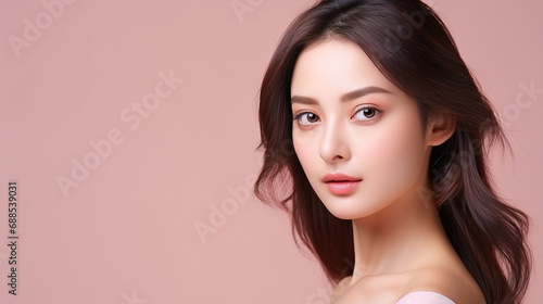 Studio shot of Beautiful Asian woman with clean fresh skin on pink background, Face care, Facial treatment, Cosmetology, beauty and spa.