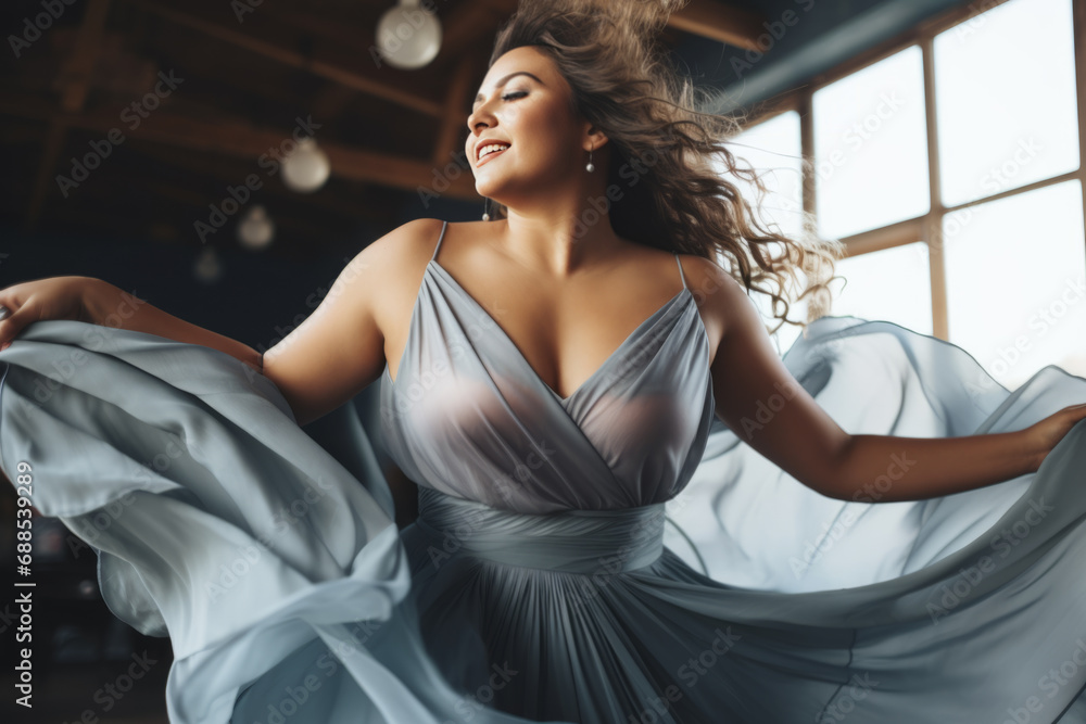 Attractive Plus-size woman wearing dress dancing, having fun moving and listening to music - obrazy, fototapety, plakaty 