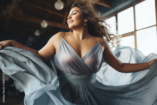 Attractive Plus-size woman wearing dress dancing, having fun moving and listening to music photo