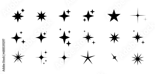 Minimalist silhouette Star icons  star shape vector set. Abstract y2k sparkles. Twinkling stars  abstract sparkle black silhouettes symbol shining burst. Vector