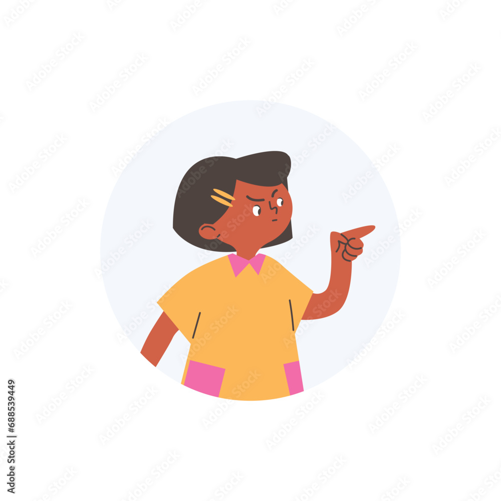 Round icon with child girl raising eyebrow and pointing finger