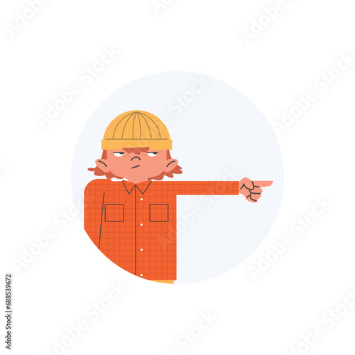 Round shape with dissatisfied child in yellow hat points finger
