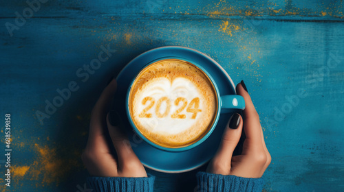 Happy New Year 2024 female hands holding coffee mug on frothy surface of cappuccino served number 2024 in blue coffee mug. new year new you. (top view), generative ai photo