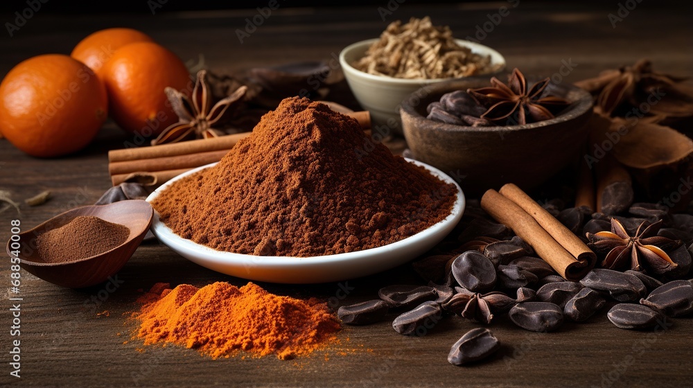 chocolate powder in a container, Raw cocoa beans, bowl with cocoa powder, chocolate in a sack chocolate powder in a container, Raw cocoa beans, bowl with cocoa powder, chocolate in a sack