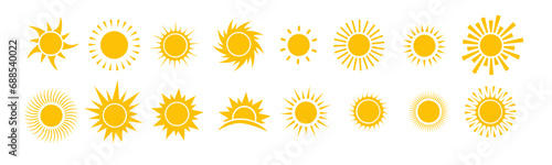Sun icon set. Yellow sun star icons collection. Vector