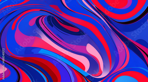 Colorful abstract background of swirling shapes and colors. The background is a light blue, with swirls of red, blue, and purple © Noboru