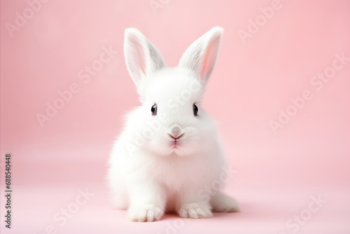 Cute white Easter bunny on pink background close up © Александр Довянский
