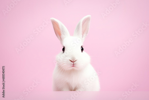 Cute white Easter bunny on pink background close up © Александр Довянский