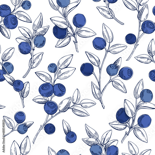 Seamless vector pattern with blueberry on a white background.  Vector. Perfect for design templates, wallpaper, wrapping, fabric, print and textile.