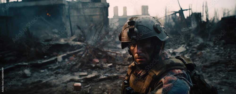 Fototapeta premium War image with soldier standing in between ruined city