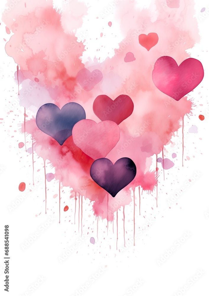 Watercolor-style pink, purple hearts for an emotional and romantic background. 