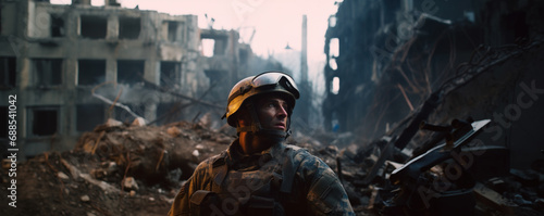Infantry soldier standing on city ruins after harsh battle photo
