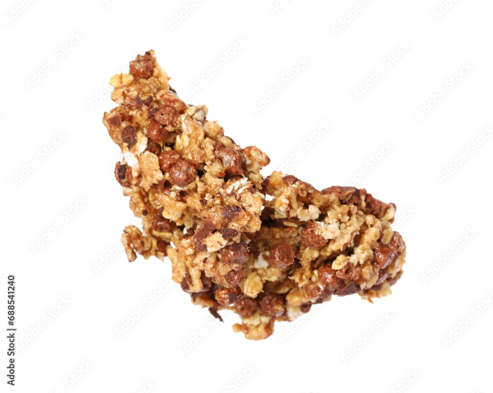 One piece of tasty granola bar isolated on white One piece of tasty granola bar isolated on white