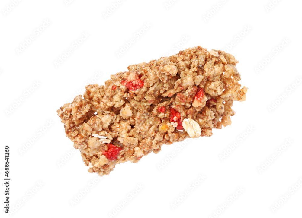 One piece of tasty granola bar isolated on white One piece of tasty granola bar isolated on white