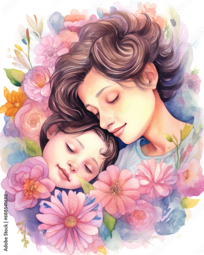 Portraits of mom and son for Mother's Day, watercolor illustration in pastel colors Portraits of mom and son for Mother's Day, watercolor illustration in pastel colors