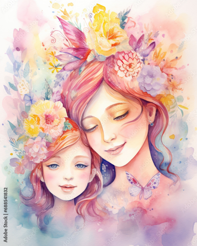 Obraz premium Portraits of mother and daughter for Mother's Day, watercolor illustration in pastel colors