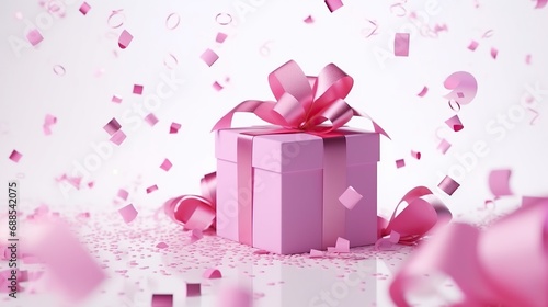 Pink ribbon Valentine's day gift box and paper love spread on pink background.Minimal background suitable for Women's Day and Valentine's Day. © @desy