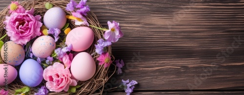 Pastel Easter Eggs and Flowers on Rustic Wooden Background