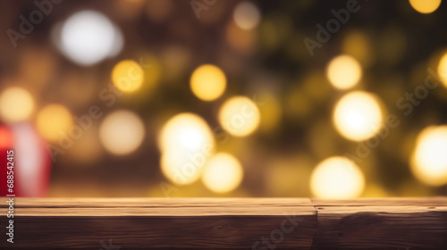  New Year, Christmas Background. Wooden table top against blurry city lights with product place setting