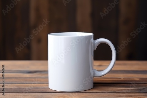 Empty blank mock up of white ceramic coffee mug on wooden table