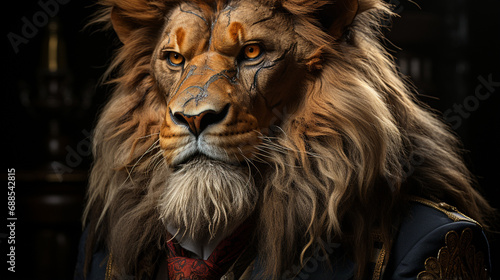 cool angry lion king wearing formal suit. Predator angry boss concept man lion head. generative ai