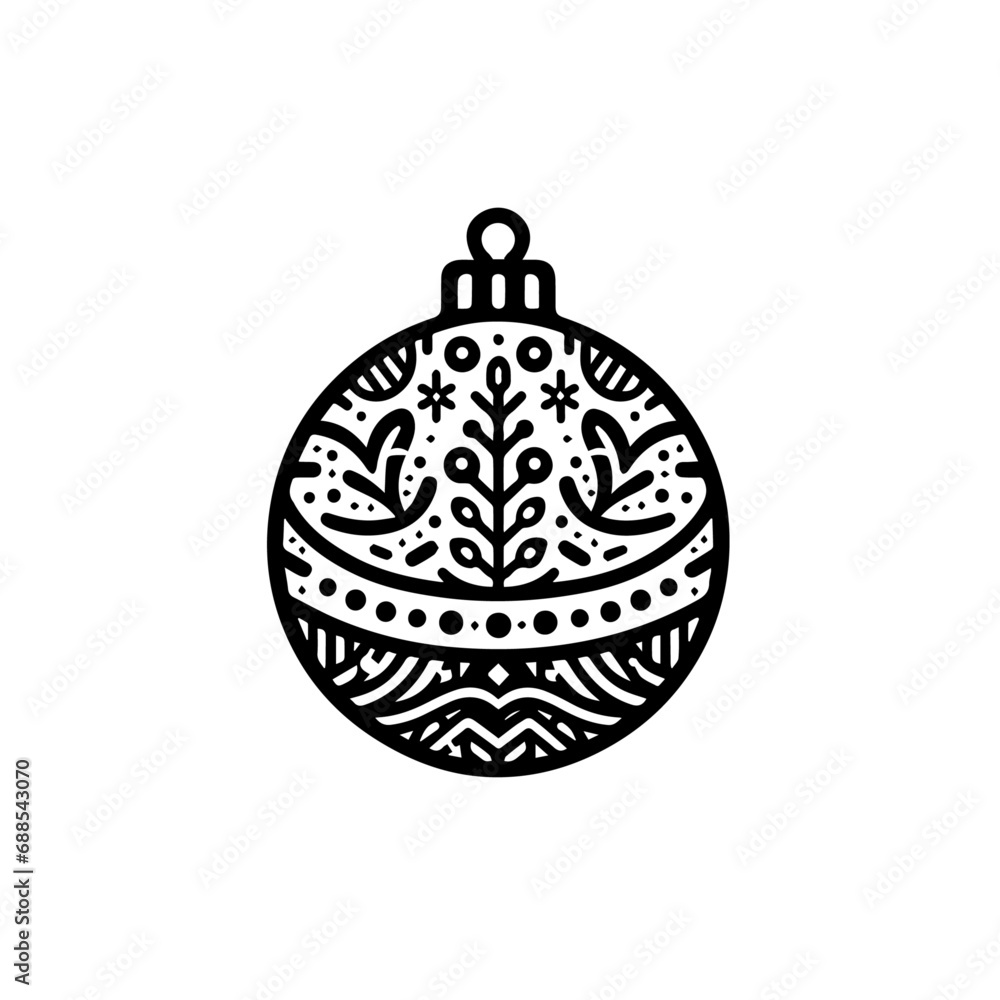 Fototapeta premium Simple Christmas bauble line art vector. Black and white christmas ball with intricate design. Christmas ball vector