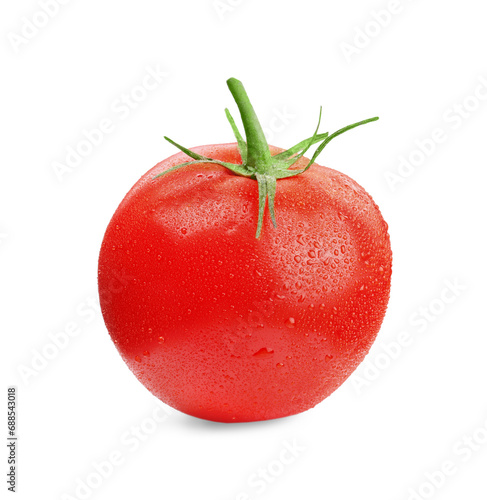 One red ripe tomato with water drops isolated on white