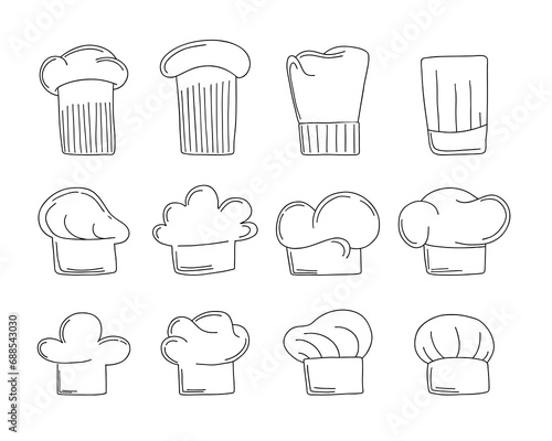 Chef hat set. White cooker headwear collection, contour caps, traditional bakery or restaurant uniform. Accessories for kitchen, emblem or label template, vector line isolated illustration