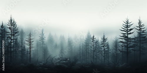 Misty forest with dare trees and rocks. Minimalistic scenery landscape. Generative AI