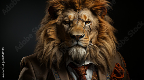 cool angry lion king wearing formal suit. Predator angry boss concept man lion head. generative ai