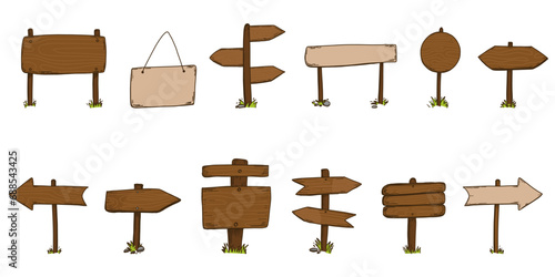 Hand drawn signboard. Wooden direction sign sketch style. Doodle drawing pointer, empty placard, colorful signpost with arrows, way pointer, information post vector isolated illustration