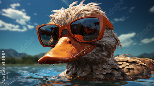Cool duck summer. Cute little duckling swimming. generative ai