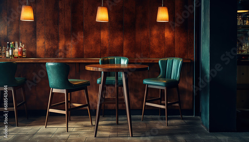 Interior of elegant vintage bar with wood table and stool